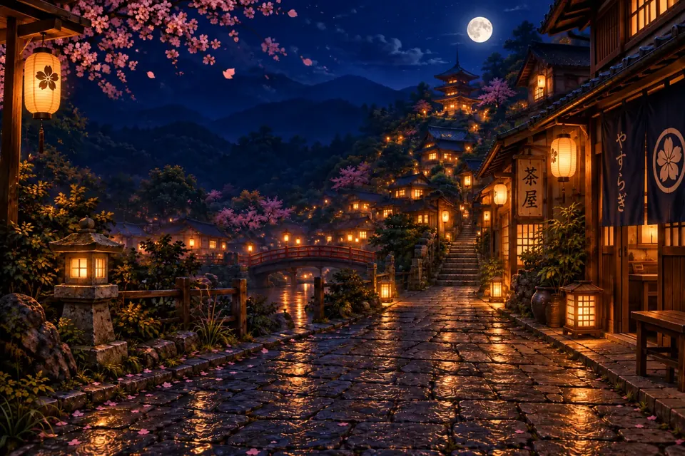 A Japanese alley glowing with lanterns at night